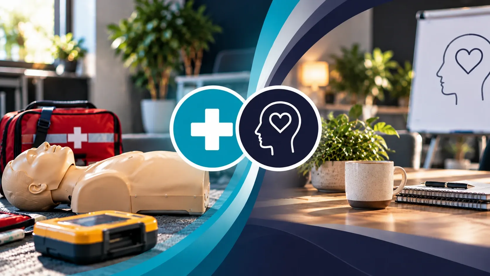 A first aid kit, CPR manikin and defibrillator on one side and a notebook and coffee on the other, with the first aid cross and mental health head-and-heart icons between them